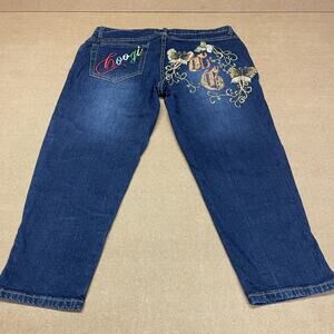 Coogi Jeans Womens 9/10 Dark Wash Embroidered Butterfly Stretch Split Hem Scroll